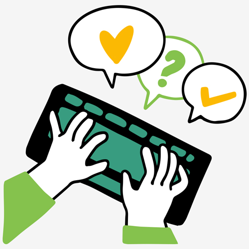 hands typing on keyboard with speech bubbles containing a heart question mark and check mark representing communication and expression in a digital context 3 key points